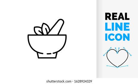 vector editable stroke line icon in illustrator of a mortar and pestle with herbs and a leave to ground spices for meal cooking and food taste as a black line symbol on a white background