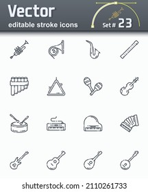 Vector editable stroke line icon set of variable musical instruments isolated on transparent background