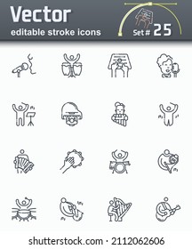 Vector editable stroke line icon set of musicians playing variable musical instruments