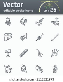 Vector editable stroke line icon set of musicians playing variable musical instruments