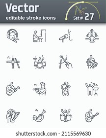 Vector editable stroke line icon set of musicians playing