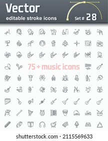 Vector editable stroke line icon set of musicians playing instruments