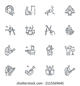 Vector editable stroke line icon set of musicians playing