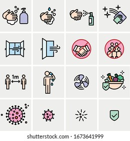 Vector editable stroke line icons for practical tips on COVID19 corona virus contamination prevention