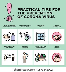 Vector editable stroke line icons of practical tips for the prevention of corona virus COVID19