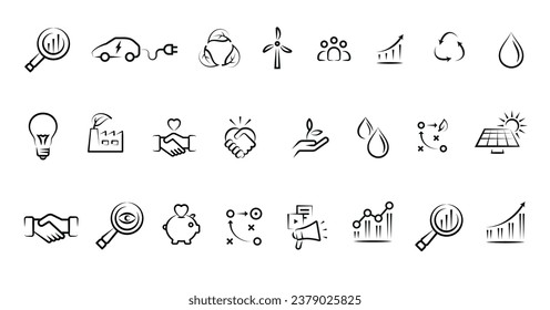Vector editable stroke line pictogram icons depicting the concepts of sustainability green energy strategy growth marketing research economy