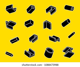 Vector editable stroke line set of 16 steel black isometric icons on yellow background