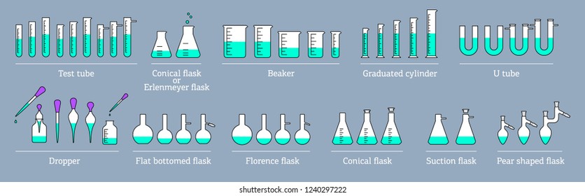 Vector editable stroke lines chemistry lab glass test tubes and flasks icons