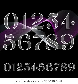 Vector editable stroke lines designed elegant white numbers set with transparent parts on purple waves background