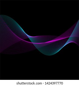 Vector editable stroke lines designed abstract horizontal purple and blue elegant waves on dark background