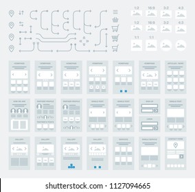 Vector editable stroke low fidelity wireframe flowchart elements kit for use by designers as a user experience design tool