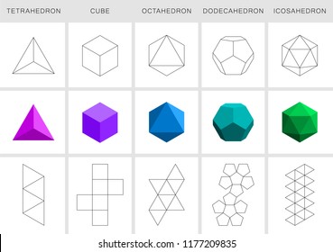 Vector editable stroke platonic solids on white background