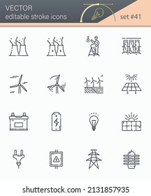Vector editable stroke power supply and electricity line icon set isolated on transparent background. Alternative energy generation symbols