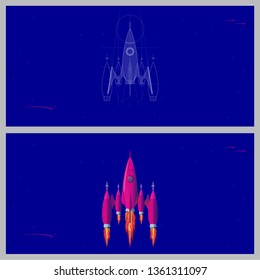 Vector editable stroke rocket blueprint and colored illustration on blue space background 