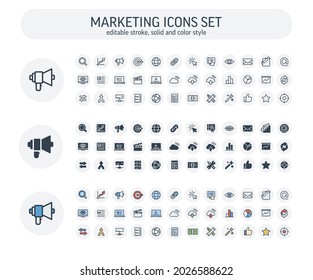 Vector Editable stroke, solid, color style icons set with market, social media, analytics outline symbols.