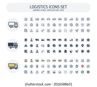Vector Editable stroke, solid, color style icons set with Logistic, delivery business, distribution outline symbols.
