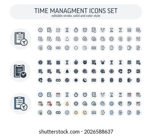 Vector Editable stroke, solid, color style icons set with date and time outline symbols.
