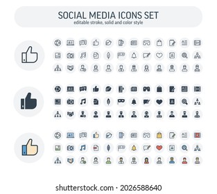 Vector Editable stroke, solid, color style icons set with social media, network outline symbols.