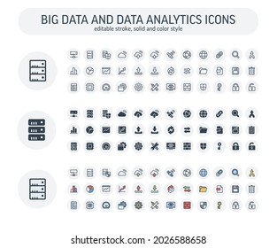 Vector Editable Stroke, Solid, Color Style Icons Set With Big Data And Analytics Technology Outline Symbols