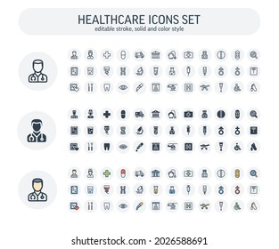 Vector Editable stroke, solid, color style icons set with medical, medicine and healthcare outline symbols.