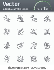 Vector editable stroke winter sports line icon set. Snowboard, skiing, figure skating, biathlon, ski jump, bobsleigh and other competition symbols isolated on transparent background.