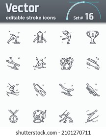 Vector Editable Stroke Winter Sports Line Icon Set. Snowboard, Skiing, Figure Skating, Curling, Ski Jump, Bobsleigh, Luge, Skeleton And Other Competition Symbols Isolated On Transparent Background.