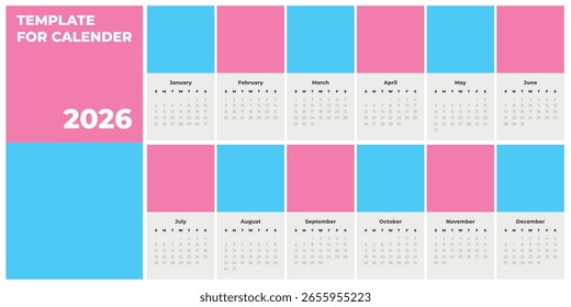Vector editable template for agenda organizer square page with copy space and place for illustration. Classic monthly calendar with week starts on Sunday. Annual calendar planner for New Year 2026