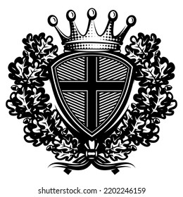 Vector editable template with christian cross on shield and oak wreath. Church symbol on Golgotha.
