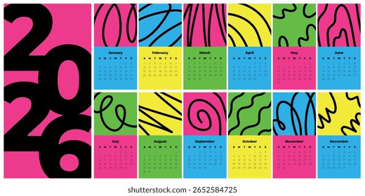 Vector editable template for classic monthly calendar. New Year 2026. Annual calendar planner. Week starts on Sunday. Agenda organizer square page with bright line art illustration. Christmas gift
