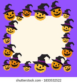 Vector editable template on bright purple background. Drawn cute Jack Lantern pumpkin in wizard hats are located around the perimeter of a rectangle.  Suitable for Halloween decoration.