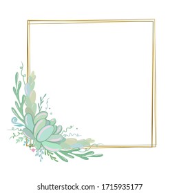 Vector editable wedding invitation template. Floral frame with succulents. Elegant golden square frame with succulent flowers. Vector illustration.