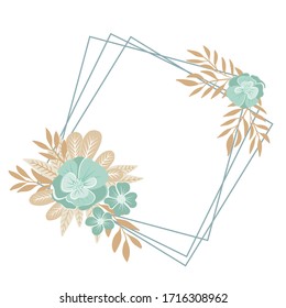Vector editable wedding invitation template. Flower frame. Sky blue and beige color. Elegant square frame. Greeting card, scrapbooking, sticker.There is a place for text.