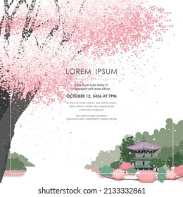 Vector editorial design frame of Korean spring scenery with cherry trees in full bloom. Design for social media, party invitation, Frame Clip Art and Business Advertisement	