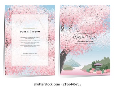 Vector editorial design frame set of Korean spring scenery with cherry trees in full bloom. Design for social media, party invitation, Frame Clip Art and Business Advertisement	