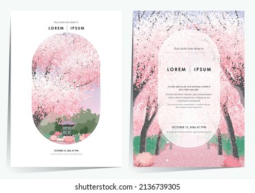 Vector editorial design frame set of Korean spring scenery with cherry trees in full bloom. Design for social media, party invitation, Frame Clip Art and Business Advertisement