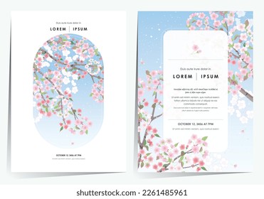 Vector editorial design frame set of spring scenery with cherry trees in full bloom. Design for social media, party invitation, Frame Clip Art and Business Advertisement