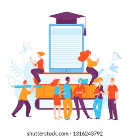 Vector ediucation illustration with people taking conversation and reading books. On-line education process. 