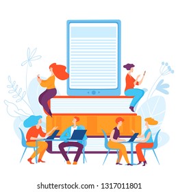 Vector ediucation illustration with people taking conversation and reading books. On-line education process. 