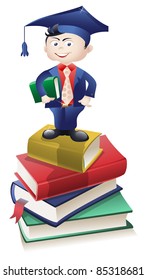 Vector educated boy standing atop a pile of books