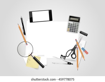 Vector Education Background Design with Space For Your Text on Empty Paper. Collection of School Equipment. 