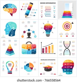 Vector education brain infographic. Template human mind diagram, knowledge graph, creative idea presentation, science chart. Business books literature. Options, parts, steps. Puzzle, light bulb, DNA