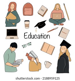 Colección de educación de vectores. Estudiantes y libros. Mochila y laptop. Master y bachiller. Educación. Ilustración plana colorida.
