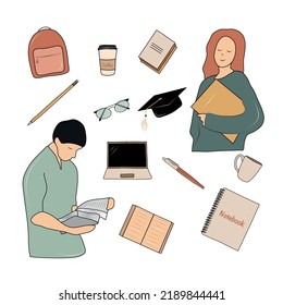 Kollektion von Vektorschulen. Studenten und Bücher. Rucksack und Laptop. Master und Bachelor. Bildung. Farbige Flachgrafik.