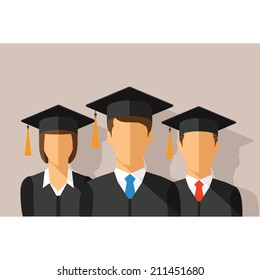 Vector education concept with students in graduation gown and mortarboard