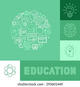 Vector education concepts in trendy linear style - e-learning and science icons and signs