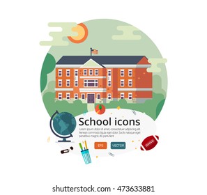Vector education cover design. Illustration of primary or elementary, middle or high school facade on sun landscape backdrop with school teenage objects. Back to school background.