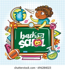 Vector education design concept with cartoon elements. Green blackboard, schoolboy with paper plane, football, leaves, back to school lettering, globe, magnifying glass, books. Seasonal sale banners