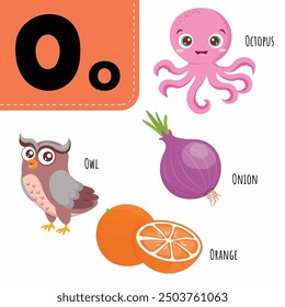 Vector of education english alphabet with cute cartoon for kids Letter O