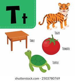 Vector of education english alphabet with cute cartoon for kids Letter T
