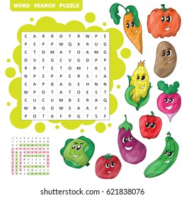 Vector Education Game For Children About Vegetables. Word Search Puzzle